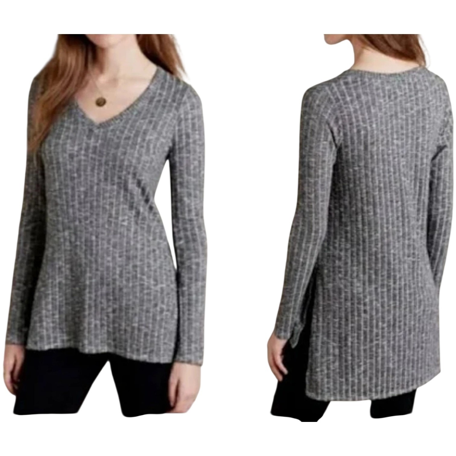 Anthropologie Deletta Tunic Top Women Medium Gray Ribbed V-Neck Nwt